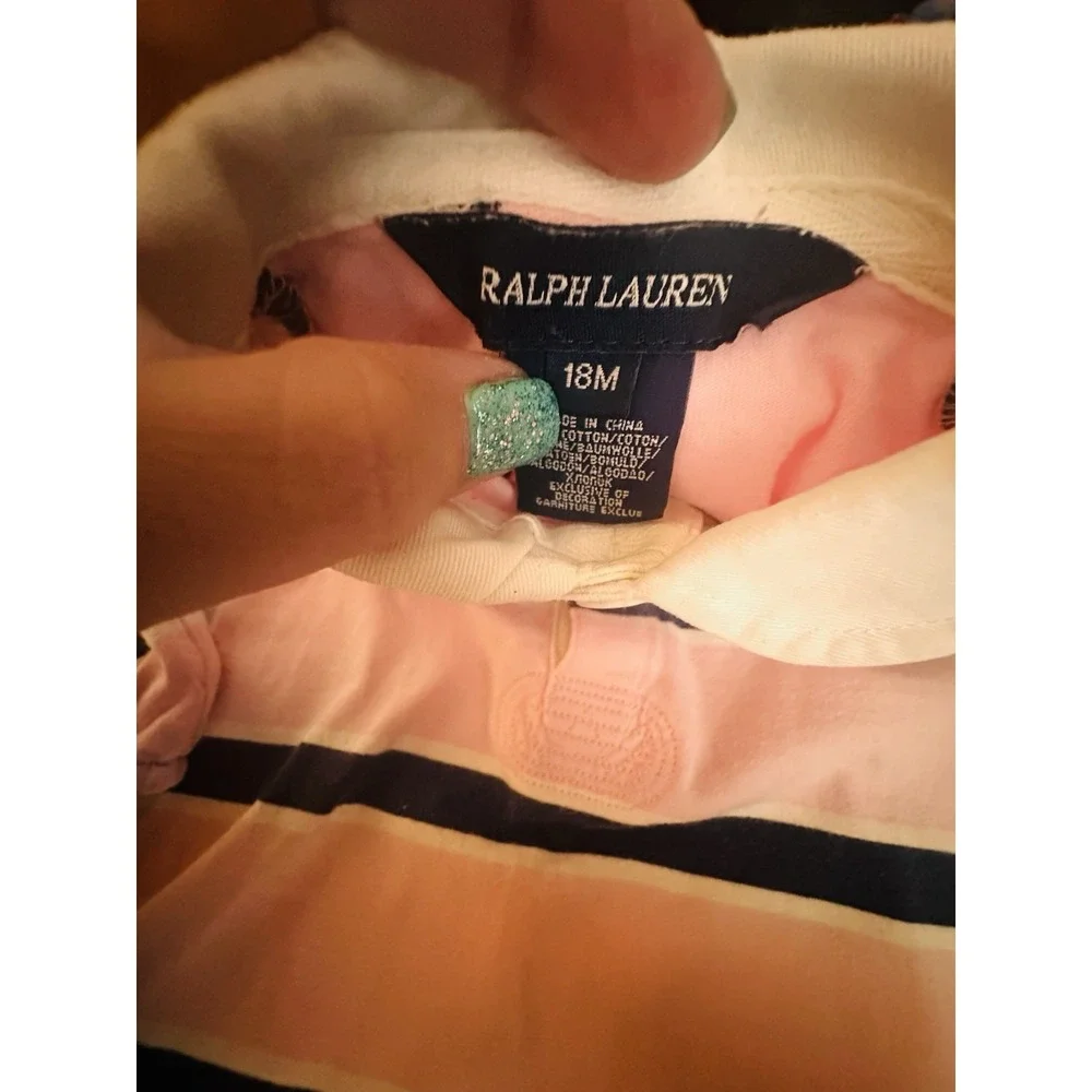 Ralph Lauren Girls 18M Pink/Navy Striped Polo Dress & Bloomers Set